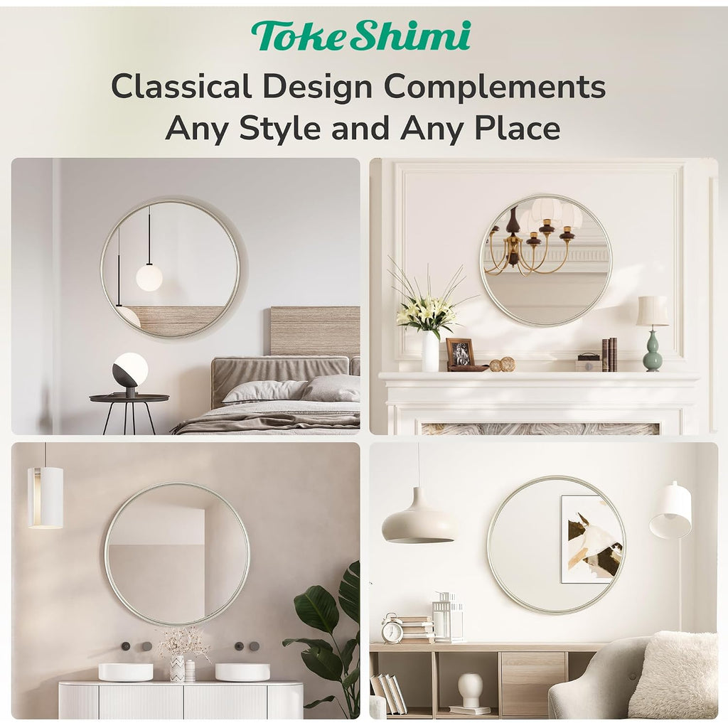 30 Inch Brushed Nickel Mirror Round Tempered, Shatterproof Bathroom Vanity Mirror Circle, Metal Farmhouse Wall Mounted Mirror For Vanity, Entryway, Bedroom, Restroom, Living Room