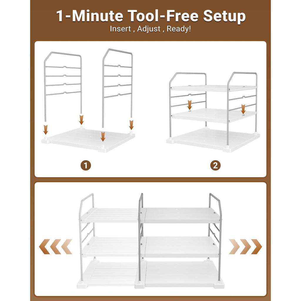 Everie Extendable 3-Tier Kitchen Cabinet & Pantry Organizer For Plastic Wrap, Foil & Storage Bags, Adjustable Heavy Duty Shelf Rack For Wrap Boxes, Jars & Snack Boxes (11–16.7 In Wide), Pack Of 1