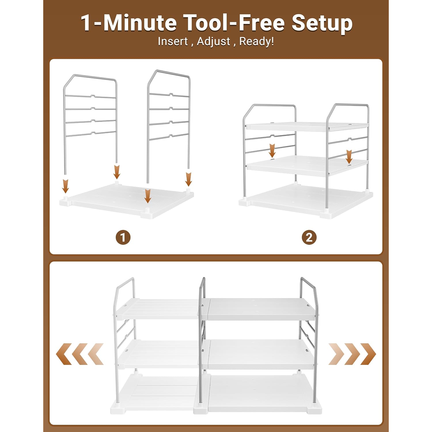 Everie Extendable 3-Tier Kitchen Cabinet & Pantry Organizer For Plastic Wrap, Foil & Storage Bags, Adjustable Heavy Duty Shelf Rack For Wrap Boxes, Jars & Snack Boxes (11–16.7 In Wide), Pack Of 1