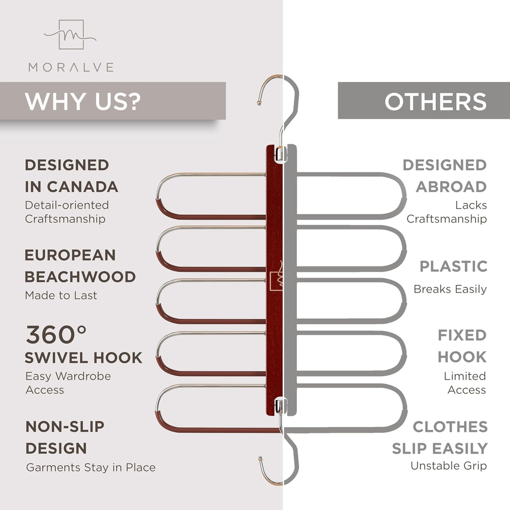 Pants Hangers Space Saving - 2 Pack European Beechwood Scarf And Jean Hangers - Closet Organizer And Space Saver Pant Rack, Leggings Hanger, And Scarf Holder With 360° Swivel Hook