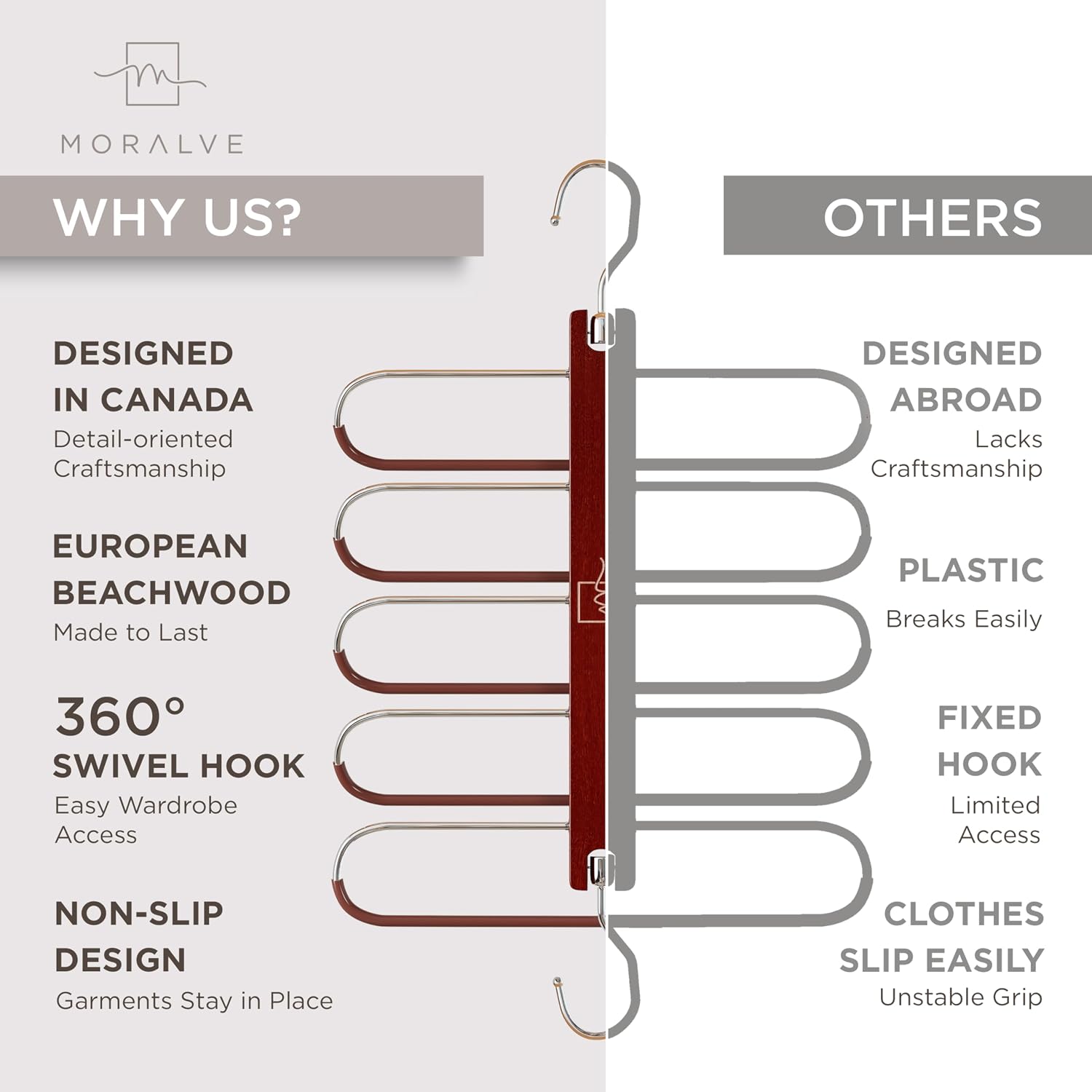 Pants Hangers Space Saving - 2 Pack European Beechwood Scarf And Jean Hangers - Closet Organizer And Space Saver Pant Rack, Leggings Hanger, And Scarf Holder With 360° Swivel Hook