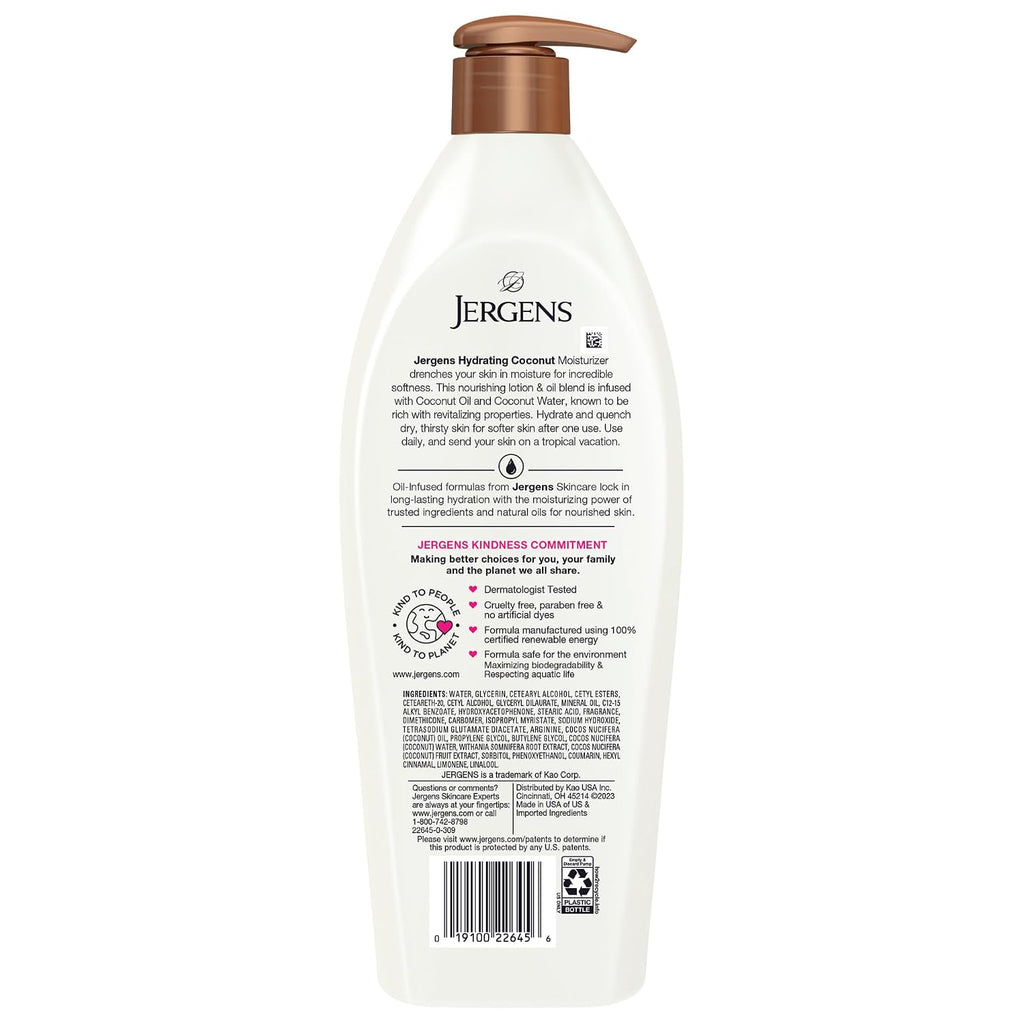 Jergens Hydrating Coconut Body Lotion, Hand And Body Moisturizer, Infused With Coconut Oil, Hydrates Dry Skin Instantly, Dermatologist Tested, 26.5 Oz