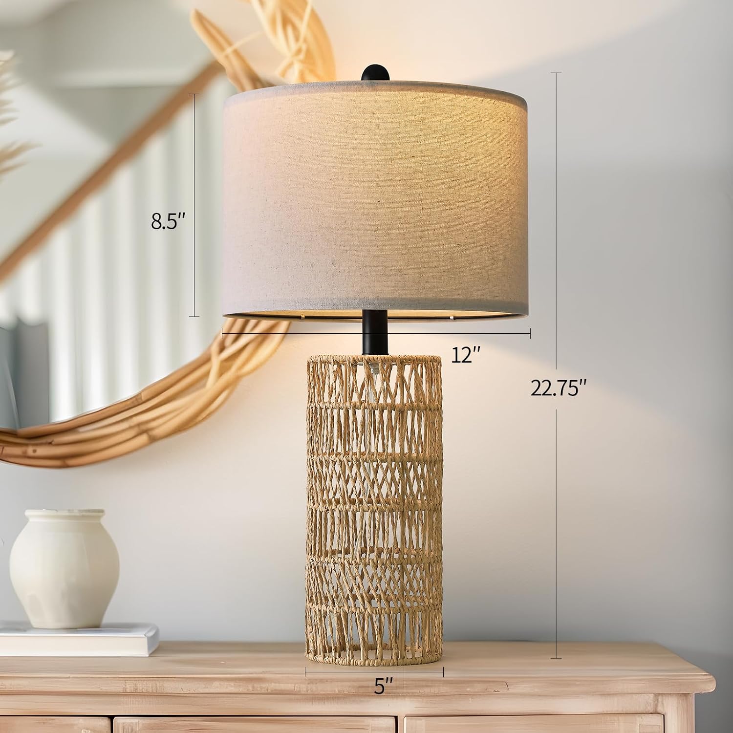 22.5" Boho Table Lamps Set Of 2 For Living Room, Bedside Lamp For Nightstands, Rattan Lamp For Bedroom, Farmhouse Table Lamp For Room Decor, End Table, Retro, Brown（Not Include Bulbs）
