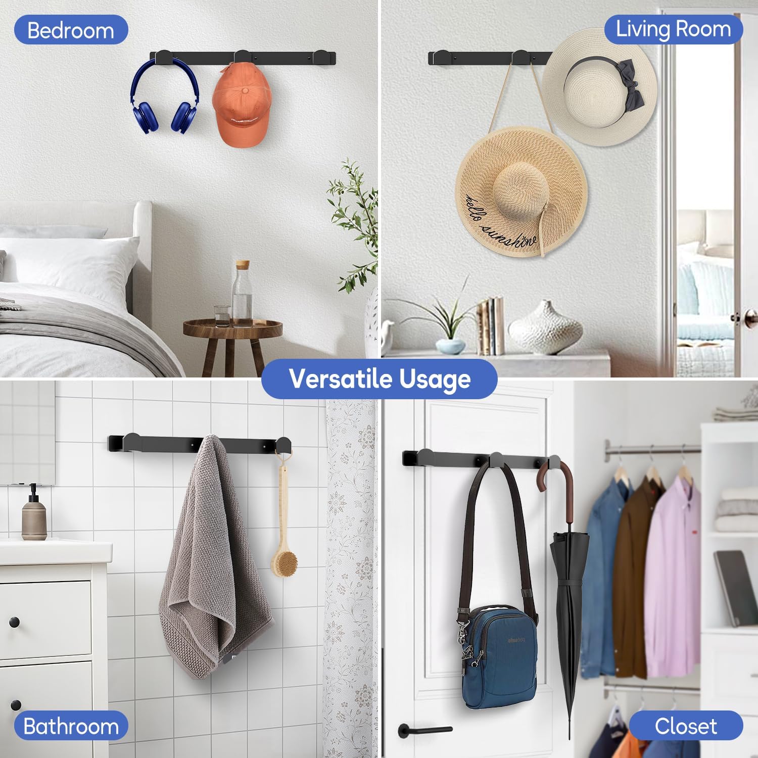 4 Packs Hat Rack For Wall, Hat Organizer For Baseball Caps Holds 36 Hats, 3 Mounting Options Hat Hook Hanger, Strong Baseball Hat Holder Storage, Cap Display For Door, Room, Closet (Black)