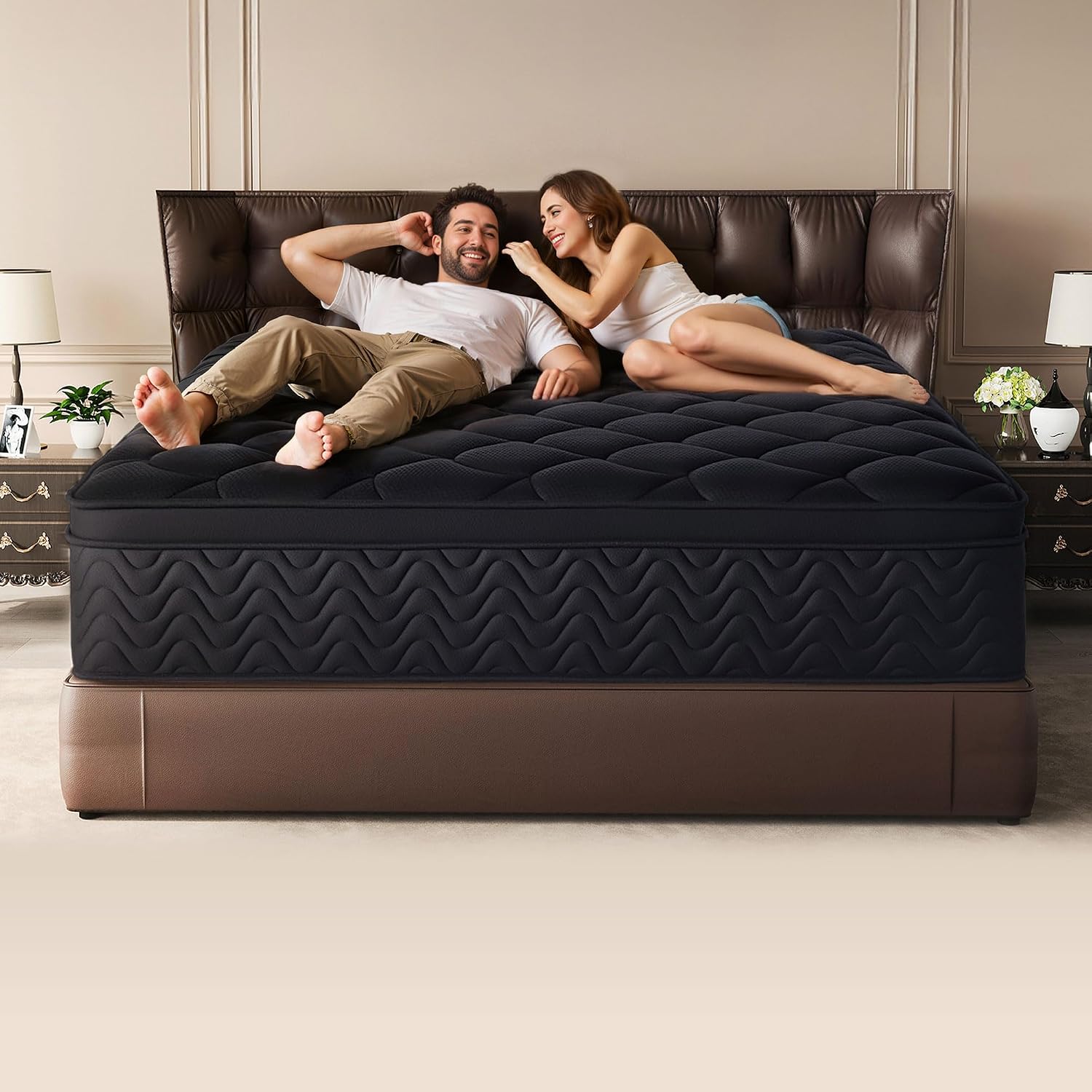 Premium 12 Inch King Mattress - Black Diamond Quilted, Individual Pocket Spring & Memory Foam Top, Cooling & Pressure Relief, Bed In A Box