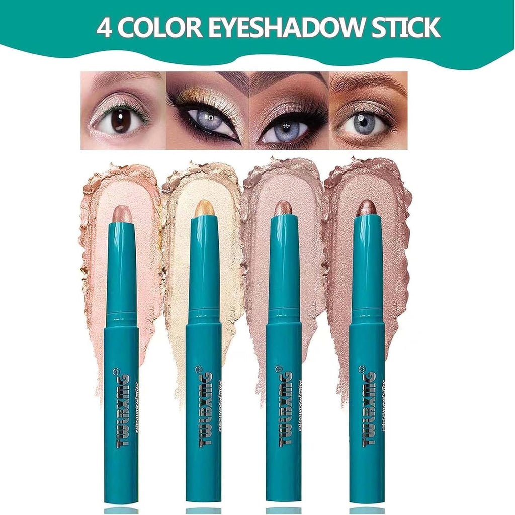 4 Color Eyeshadow Stick Set Eye Shadow Brightener Stick Cream Shimmer Glitter Smooth Eyeshadow Primer Pencil Waterproof Long Lasting Highlighter Eye Makeup Eye Shadow 4Pcs