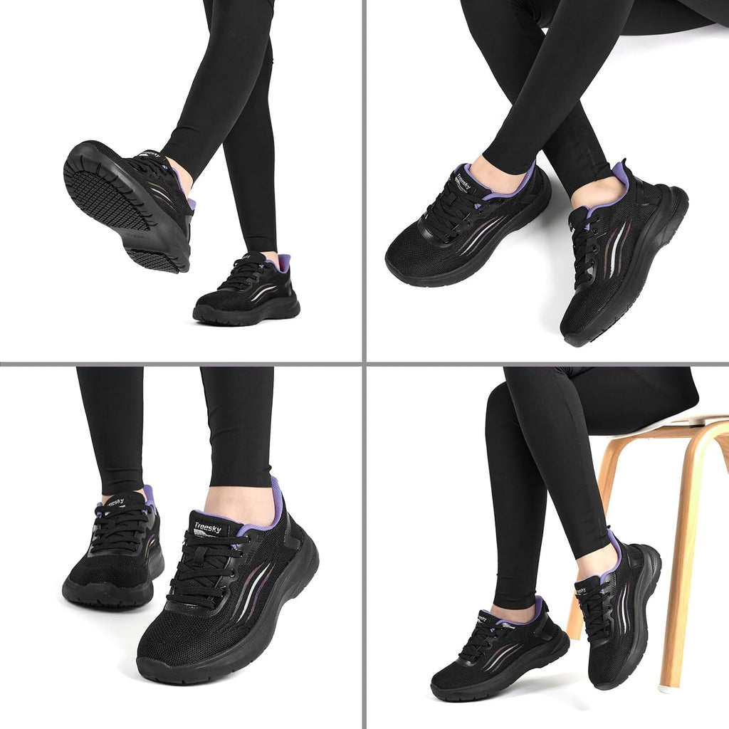 Treesky Black Non Slip Work Shoes For Women, Restaurant & Kitchen Sneakers | Slip Resistant Soles, Lightweight Cushioning, Breathable Knit, Removable Insole, For Nursing, Food Service & Long Shifts