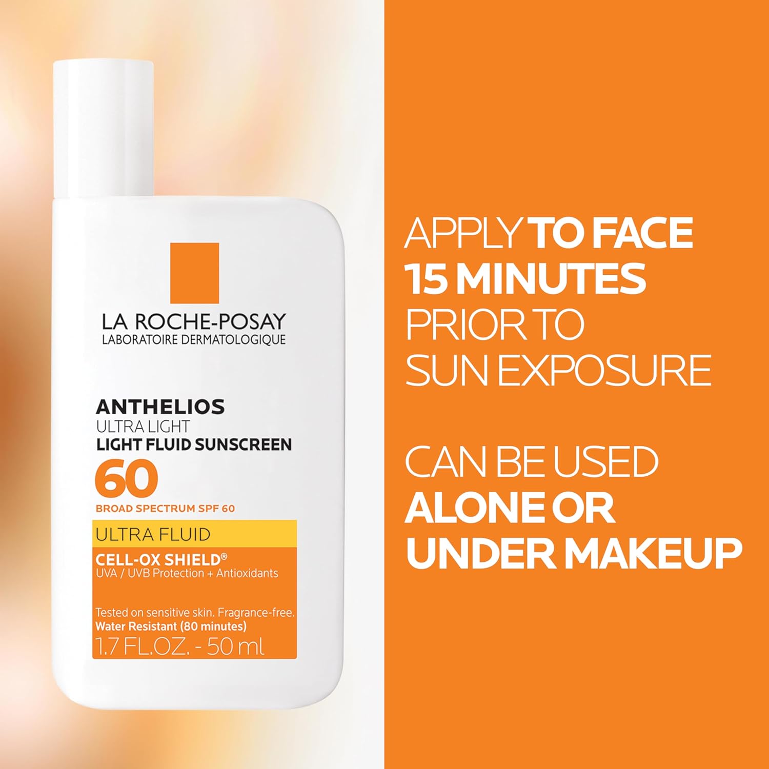 La Roche-Posay Anthelios Light Fluid Facial Sunscreen SPF 60, Lightweight Sunscreen For Face, Fluid Texture, Broad Spectrum SPF + Antioxidants, Oil Free & Oxybenzone Free, Travel Size 1.7 Fl. Oz.