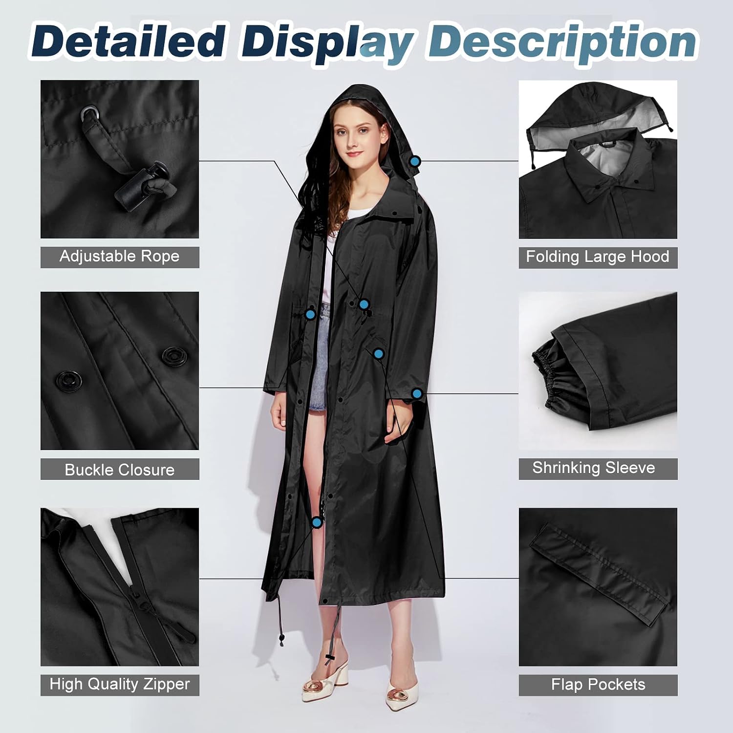 Lama Womens Long Raincoats Rain Jacket Waterproof Packable Hooded Windbreaker Lightweight Adjustable Waist For Outdoor