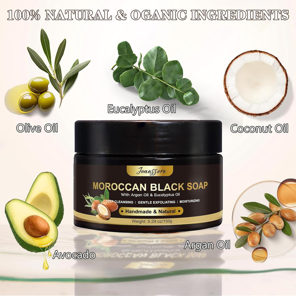 2 Pack Moroccan Black Soap Hammam, Morocco Body Scrub With Exfoliating Glove, Exfoliating Body Cleanser, Argan Oil & Eucalyptus – Deep Cleansing, Softens Skin