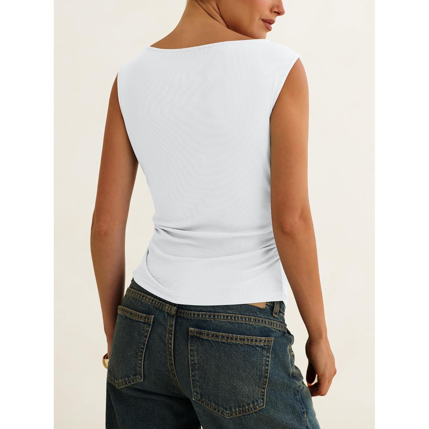 Tank Tops for Women 2026 Summer Going Out Crop Top Sleeveless Boat Neck Rib Tight Ruched Tee Shirts Vacation Clothes