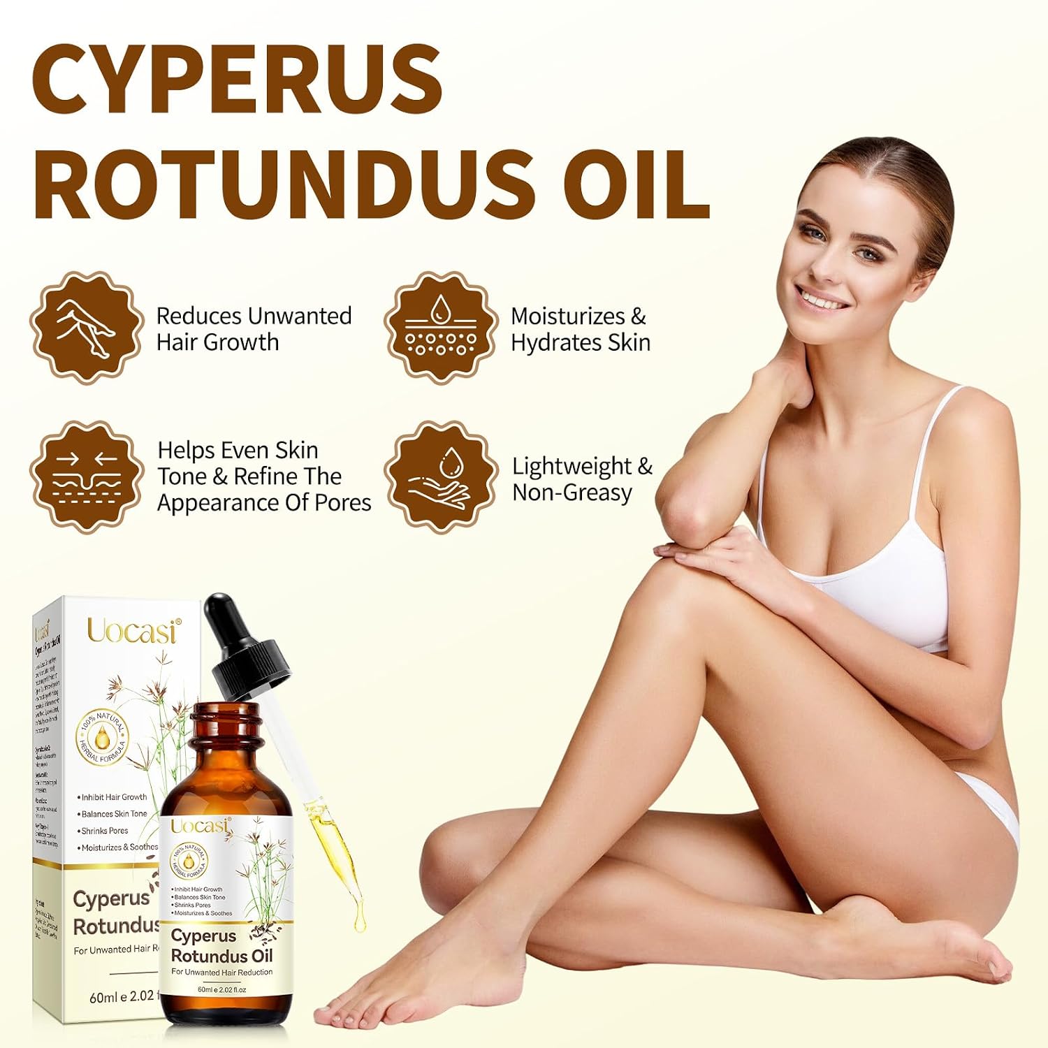 Uocasi Cyperus Rotundus Oil, Cypress Rotundus Oil For Hair Removal, Natural Inhibitor To Reduce Unwanted Hair Growth, Soothes Skin & Minimizes Pores, All Skin Types, 2.02 Oz