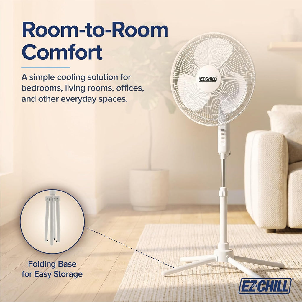 Ez-Chill 16” Oscillating Pedestal Fan, 3-Speed Options, 90-Degree Oscillating Head, Adjustable Height And Tilt, Powerful Air Flow, White, Mtsp15-16Az