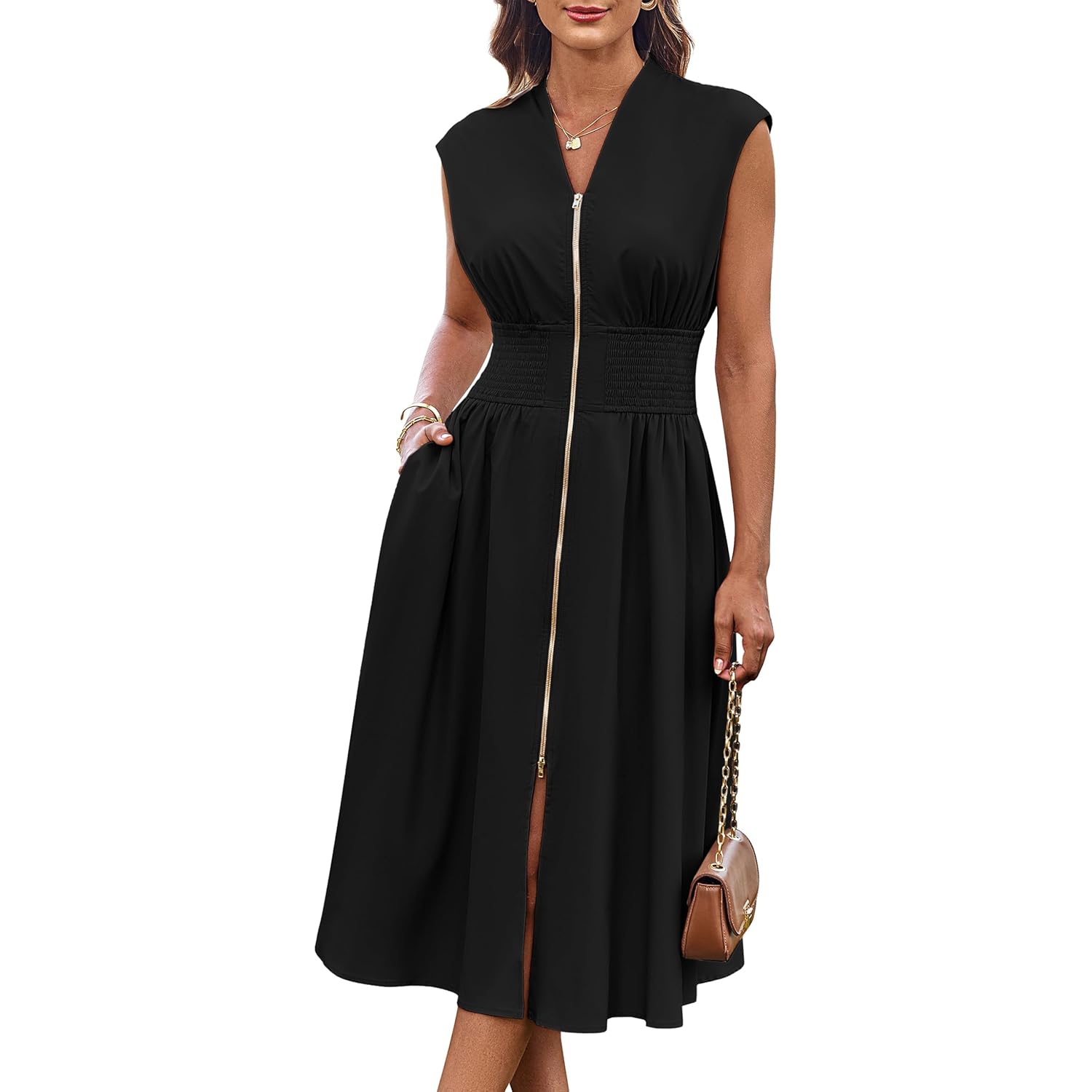 Womens Summer Casual Dress, Business Office Work Dresses, Cap Sleeve Zipper Front Flowy Midi Dress with Pockets