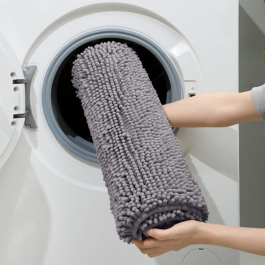 HOMEIDEAS 3 Pieces Bathroom Rugs, Soft Thick Absorbent Chenille Bath Mats, Washable Non-Slip Floor Rugs for Shower & Bath, Grey