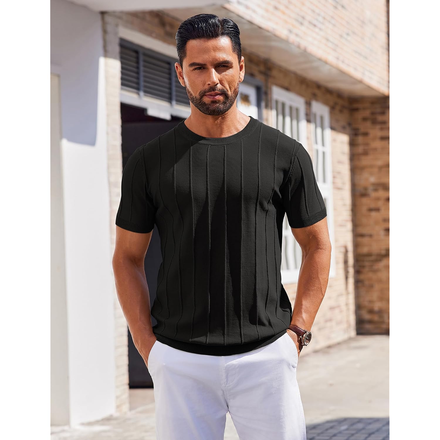 Coofandy Men'S T- Shirts Short Sleeve Knit Sweater Shirt Casual Crewneck Ribbed Pullover Tees