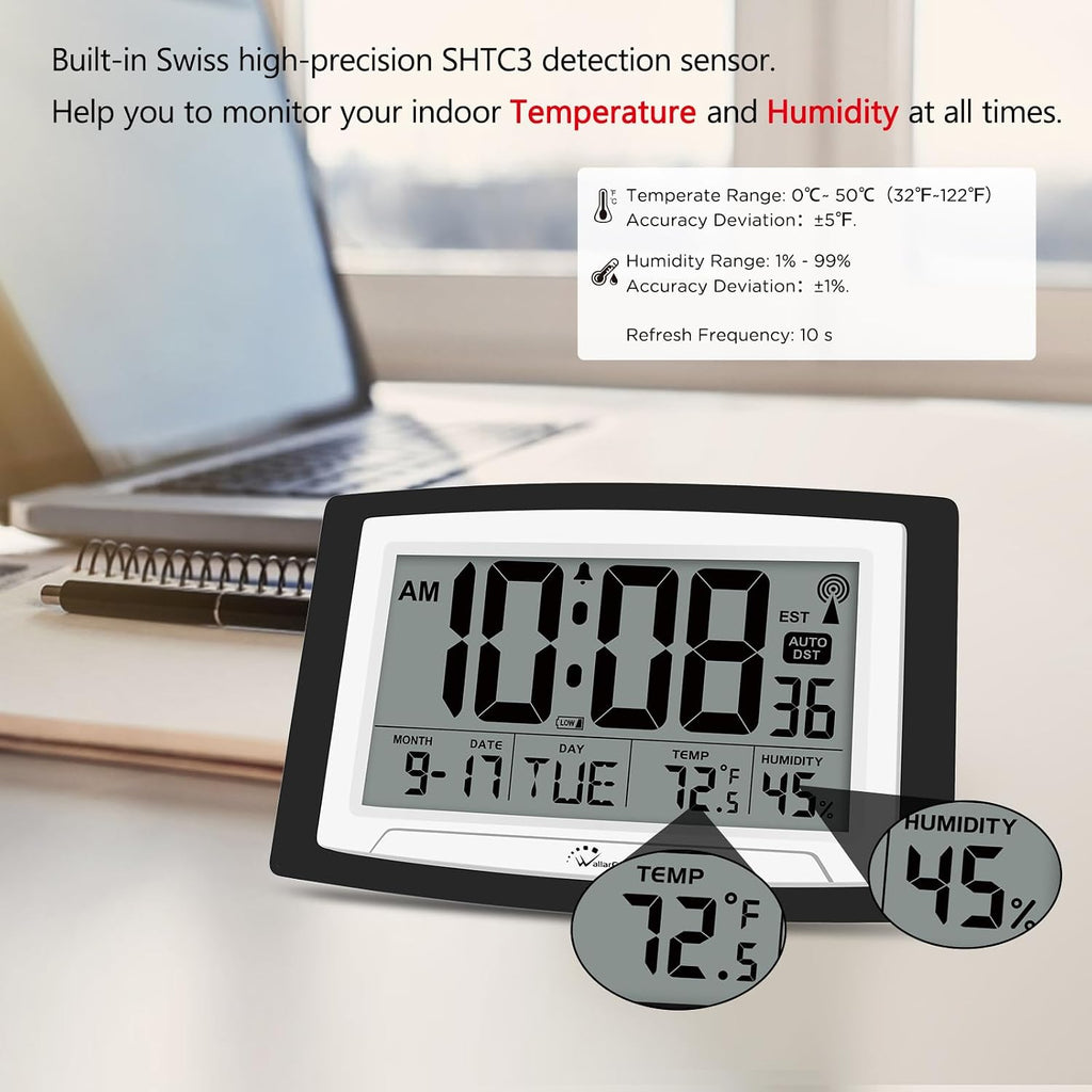 Atomic Clock With Indoor Temperature And Humidity, 12.5 Inch Self-Setting Digital Wall Clock Or Desk Clock, Battery Operated Digital Clock Large Display For Seniors, Auto Dst