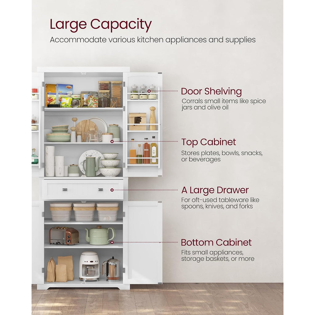 Vasagle Pantry Cabinet, Tall Storage Cabinet With Drawer, 71.7-Inch | Freestanding Cupboard With 2 Cabinets, 4 Adjustable Shelves, 6 Door Shelves, White, Ubbc561P31V2