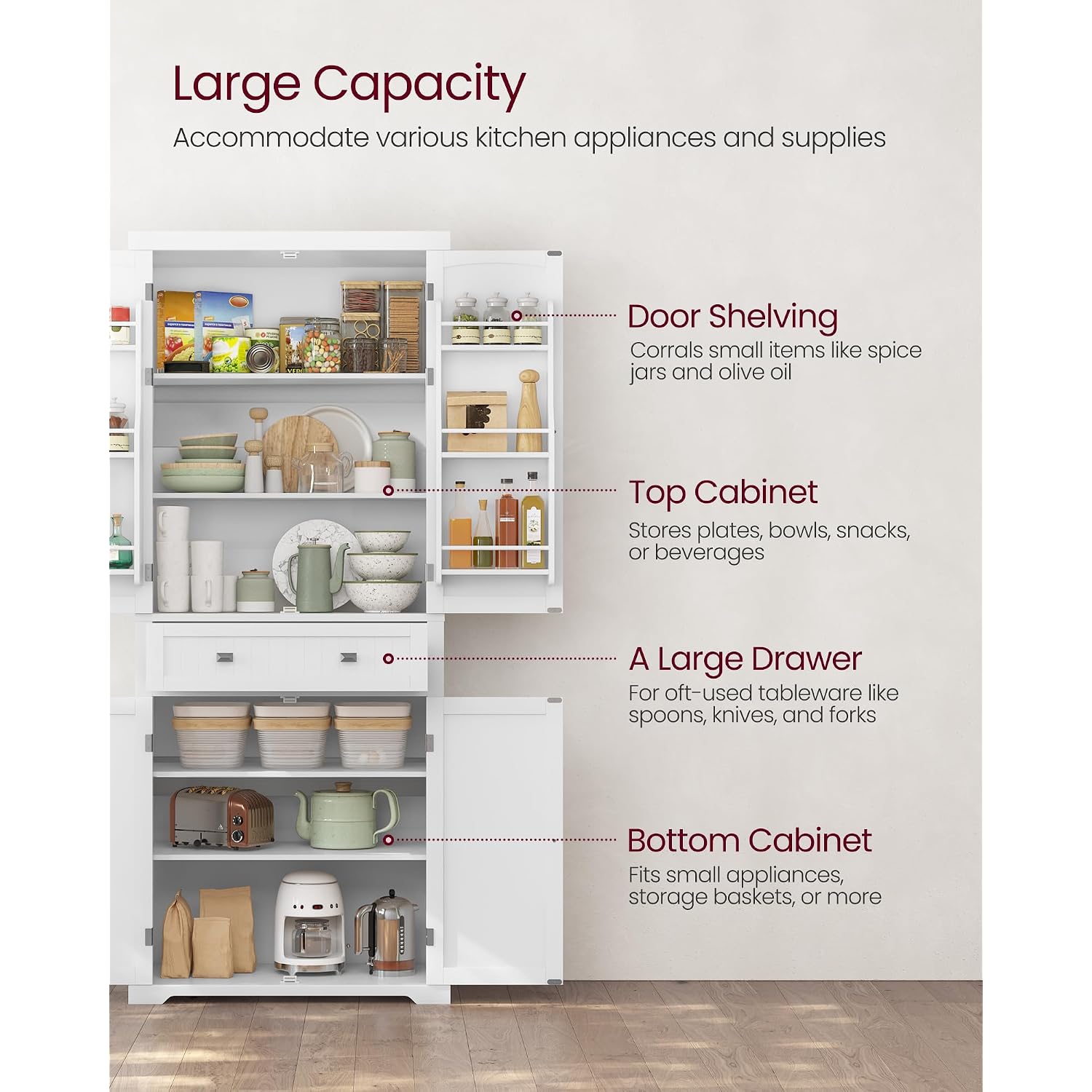 Vasagle Pantry Cabinet, Tall Storage Cabinet With Drawer, 71.7-Inch | Freestanding Cupboard With 2 Cabinets, 4 Adjustable Shelves, 6 Door Shelves, White, Ubbc561P31V2