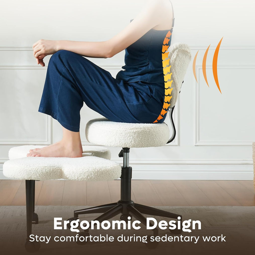 Ergonomic Cross Legged Chair, 360° Swivel Meditation Chair With Wheels, Height Adjustable Seat For Adhd, Strong Lumbar Support, Chic Home Office Furniture, Teddy Fabric, Off White