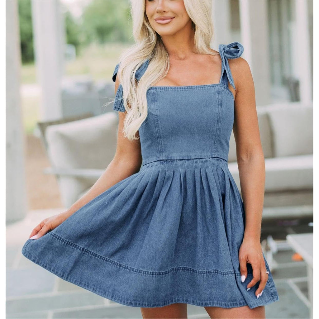 Women'S Summer Tie Shoulder Sleeveless Denim Mini Dress Casual Flowy Swing Pleated Short Denim Dress