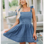 Women'S Summer Tie Shoulder Sleeveless Denim Mini Dress Casual Flowy Swing Pleated Short Denim Dress
