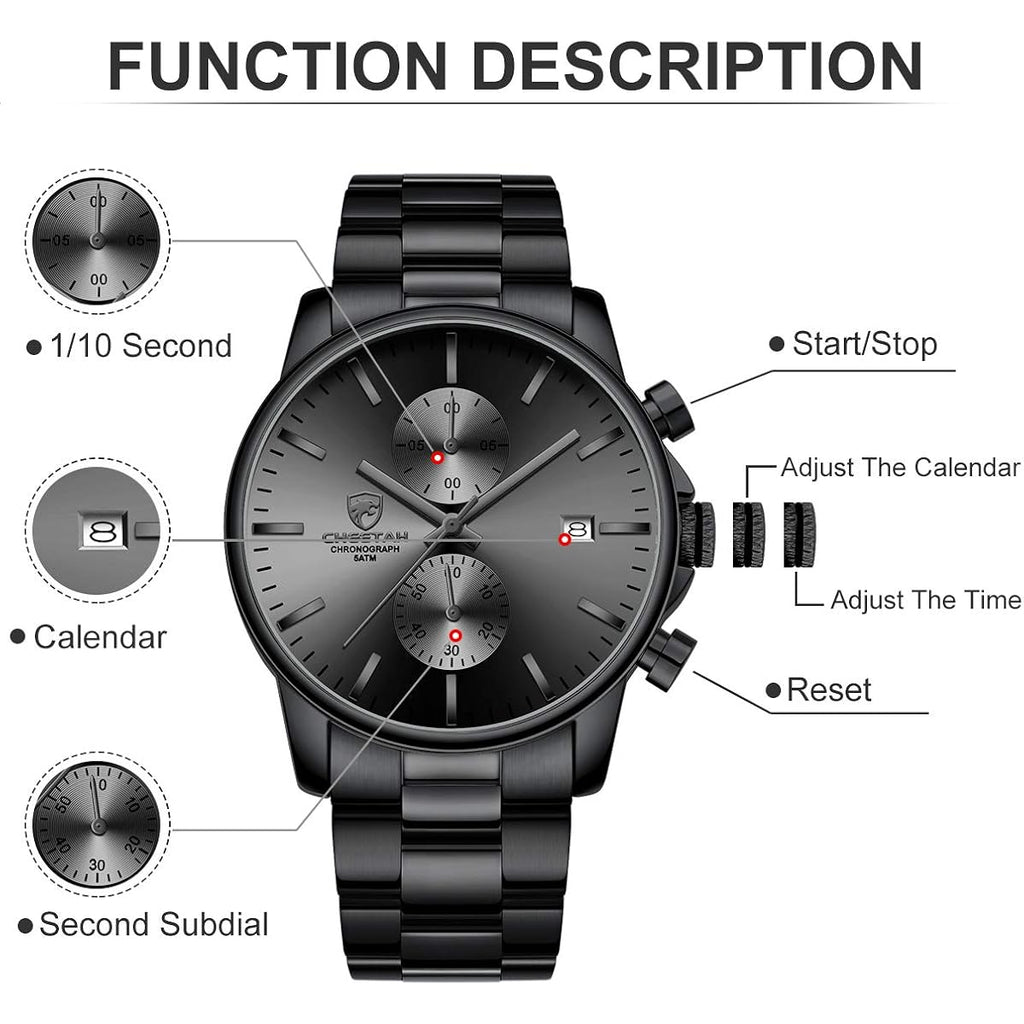 Golden Hour Fashion Business Mens Watches With Stainless Steel Waterproof Chronograph Quartz Watch For Men, Auto Date
