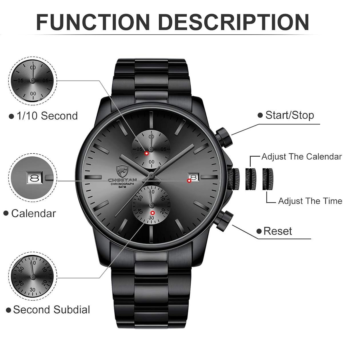 Golden Hour Fashion Business Mens Watches With Stainless Steel Waterproof Chronograph Quartz Watch For Men, Auto Date
