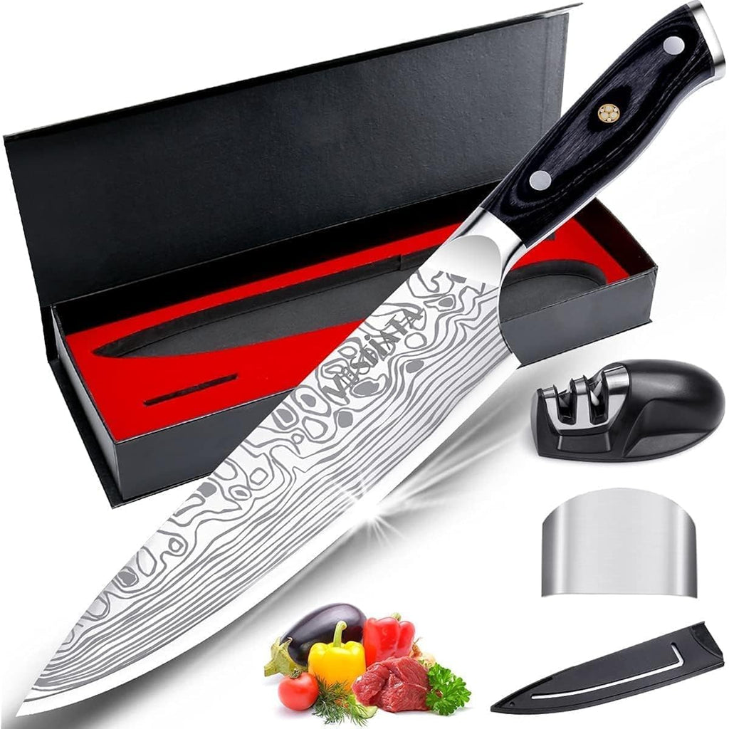 Mosfiata 8" Super Sharp Professional Chef'S Knife With Finger Guard And Knife Sharpener, German High Carbon Stainless Steel En1.4116 With Micarta Handle And Gift Box