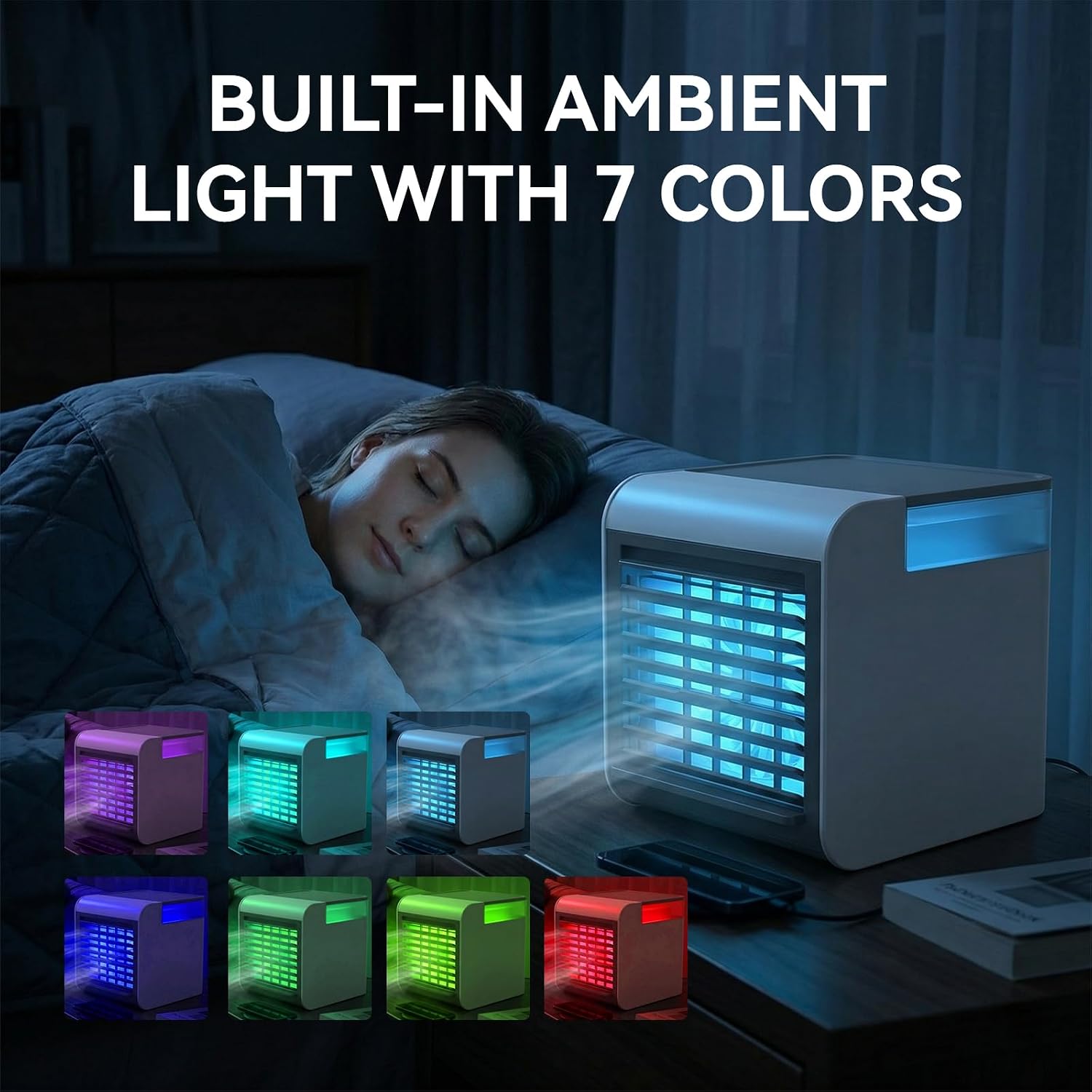 Portable Air Conditioner Fan, 4-In-1 Mini Air Cooler With 450Ml Water Tank, 3 Speeds Portable Fan 7 Colors Led Ambient Light, Mini Evaporative Cooler Desktop Humidifier Fan For Bedroom Office Travel