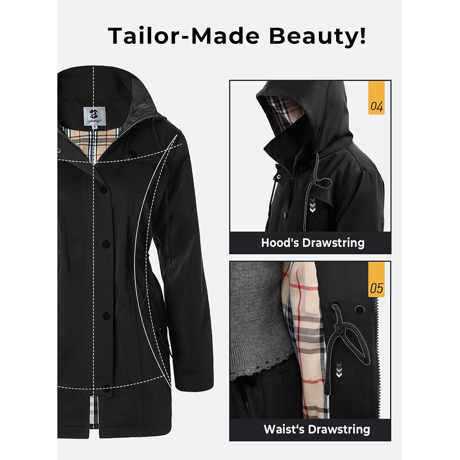 Saphirose Women'S Long Hooded Rain Jacket Outdoor Raincoat Windbreaker