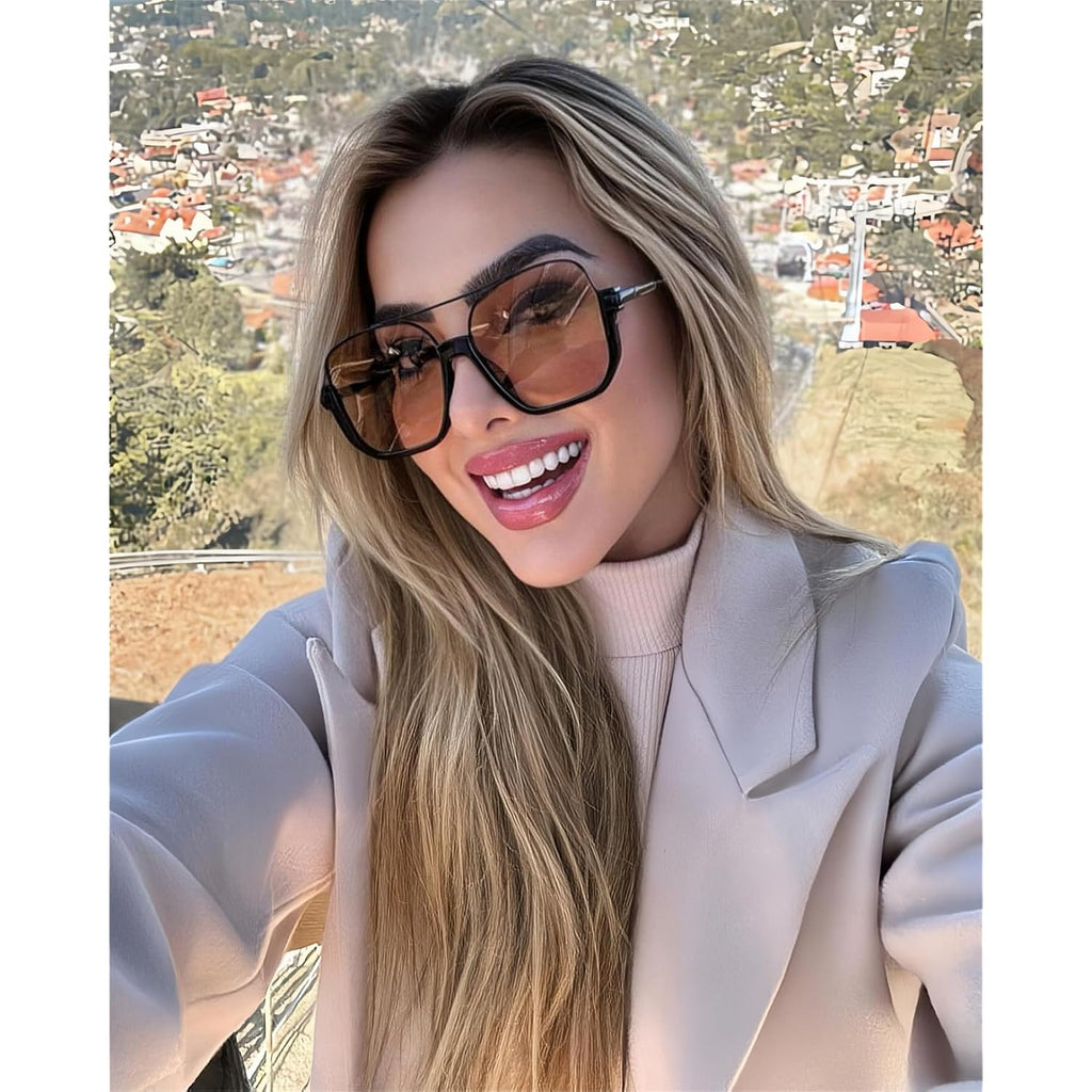 GUVIVI Retro Oversized Aviator Sunglasses for Women Men Square Double Bridge Pilot Sun Glasses 70s Trendy Shades Black Frame - Light Brown Lens
