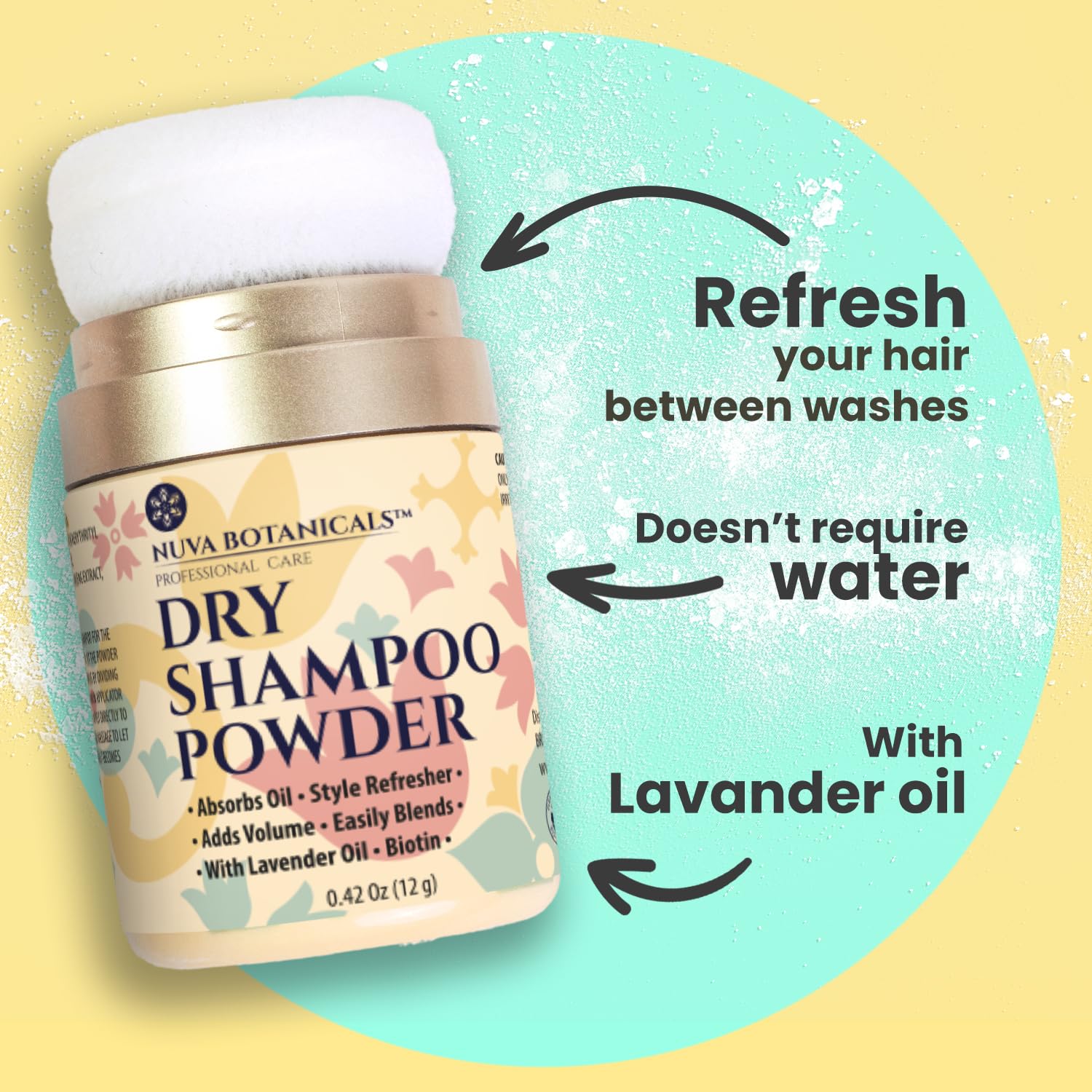 Nuva Botanicals Non Aerosol Dry Shampoo Powder with Biotin - Lavender Extract and Korean Ginseng - Volumizing Travel Size (0.42 oz) - Gifts for Her