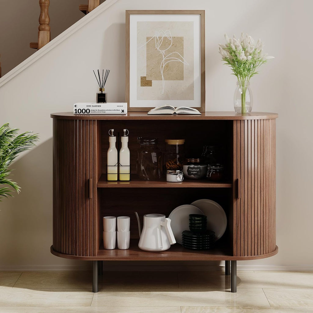 Buffet Sideboard Cabinet With Storage, 40" Fluted Cabinet With Sliding Door & Adjustable Shelf, Modern Accent Coffee Bar Console Table For Kitchen, Entryway, Walnut