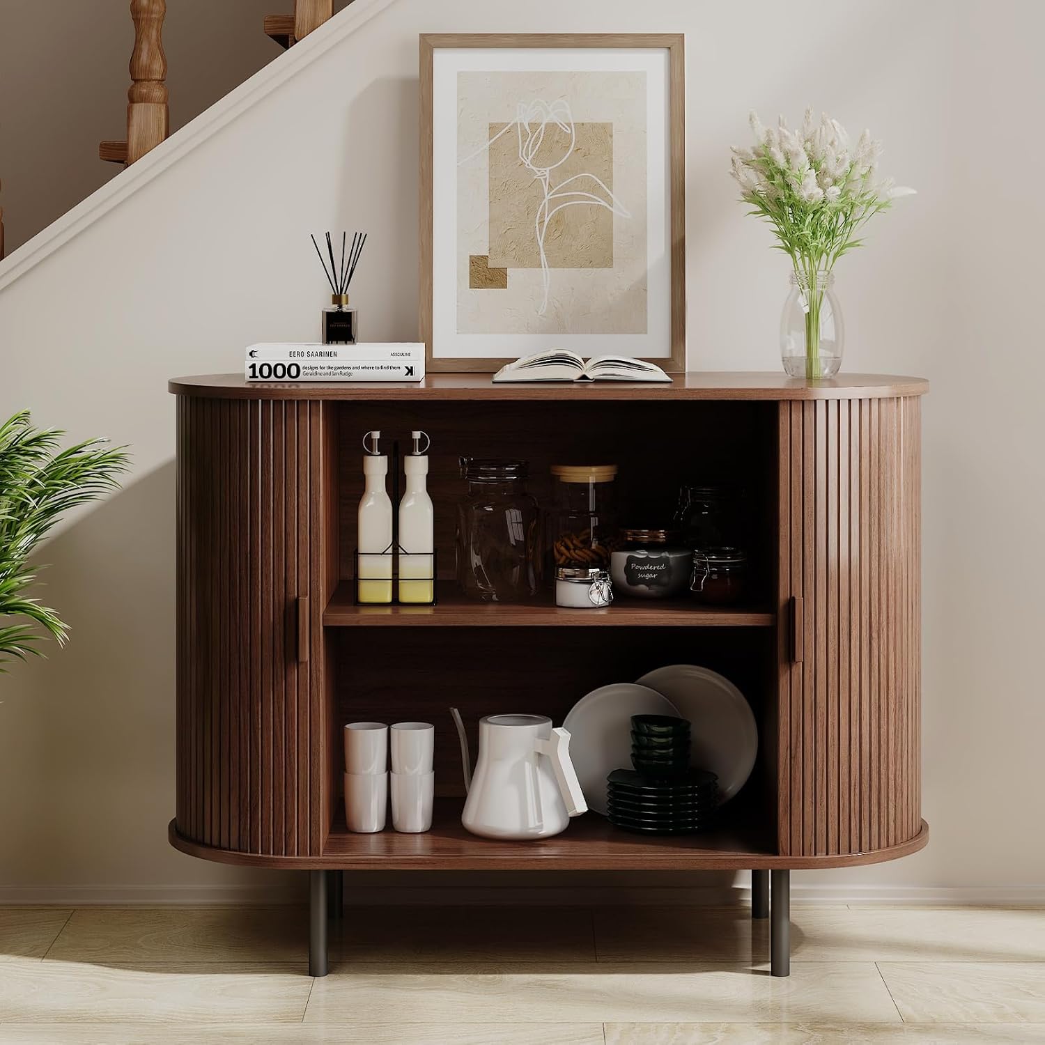 Buffet Sideboard Cabinet With Storage, 40" Fluted Cabinet With Sliding Door & Adjustable Shelf, Modern Accent Coffee Bar Console Table For Kitchen, Entryway, Walnut
