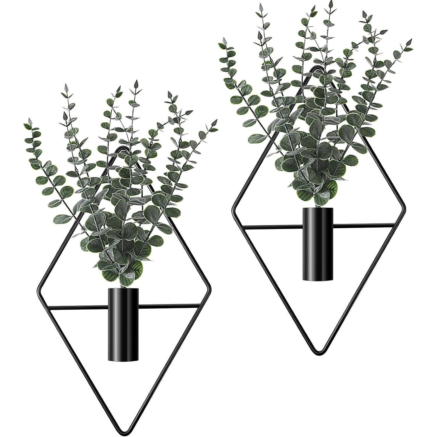 Jexine 4 Pcs Hanging Planters With Artificial Eucalyptus Metal Hanging Vase Indoor Plants Holder Modern Geometric Boho Bathroom Wall Decor For Living Room Home Office(Black)