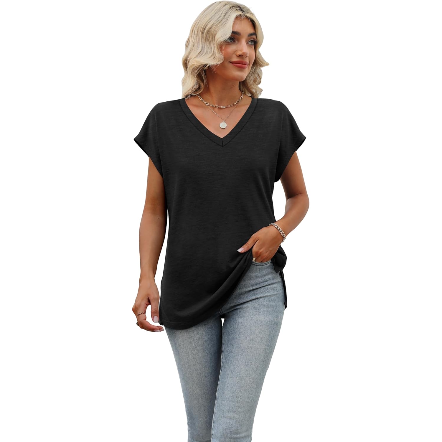 Womens Summer Tops 2026 Cap Sleeve Trendy V Neck Loose Fit T Shirts