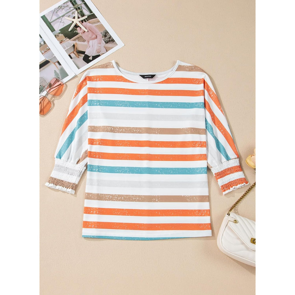 Dokotoo Women's 2026 Fashion Tops 3/4 Sleeve T-Shirts Cute Crewneck Basic Business Tees Blouses Z Orange Stripe