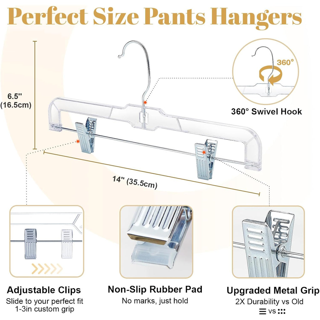 House Day 12 Pack 14 Inch Clear Plastic Skirt Hangers With Adjustable Clips, Pants Hangers 360-Rotating Swivel Hook, Clip Hangers For Pants, Trousers, Skirts, Jeans, Bulk Plastic Hangers