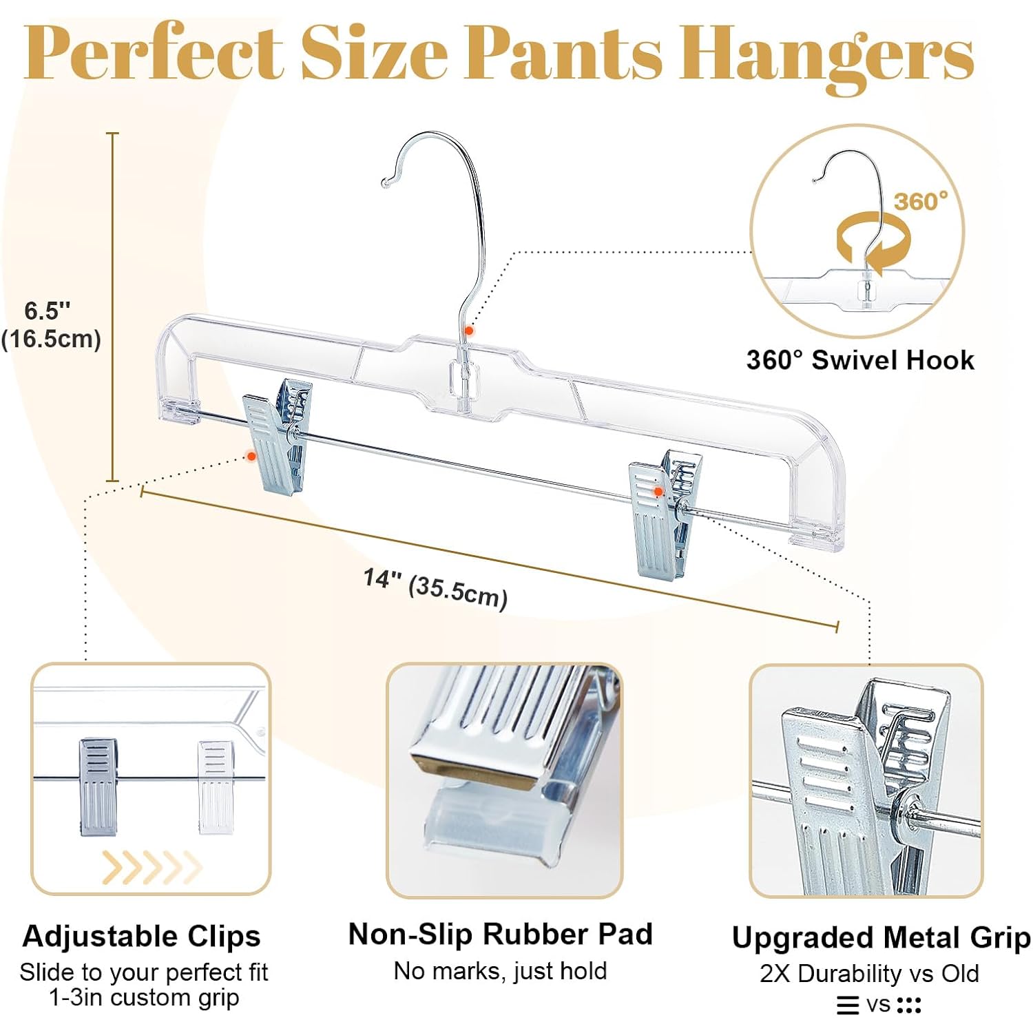 House Day 12 Pack 14 Inch Clear Plastic Skirt Hangers With Adjustable Clips, Pants Hangers 360-Rotating Swivel Hook, Clip Hangers For Pants, Trousers, Skirts, Jeans, Bulk Plastic Hangers