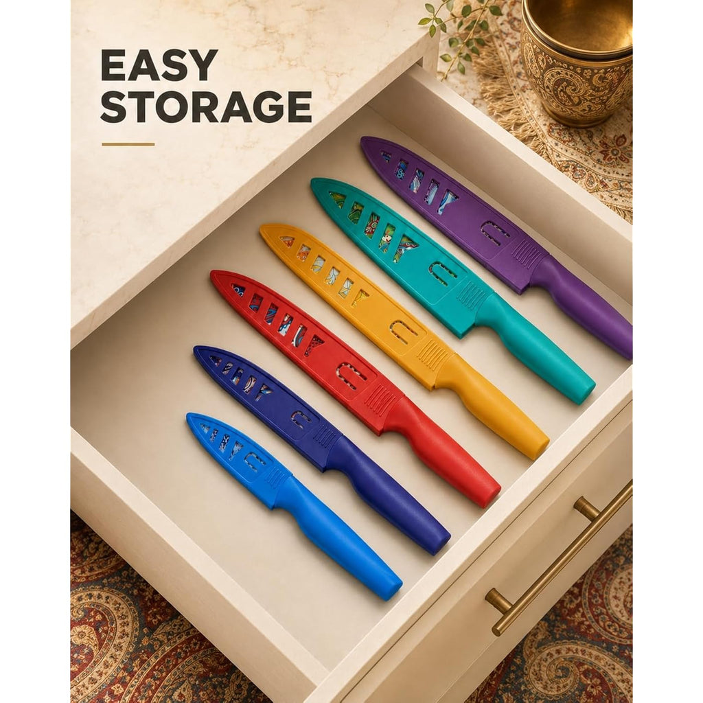 Astercook Paisley Pattern Knife Set With Cover | Dishwasher Safe, 6 Knife Sheath, German Stainless Steel, Rainbow Colorful Design