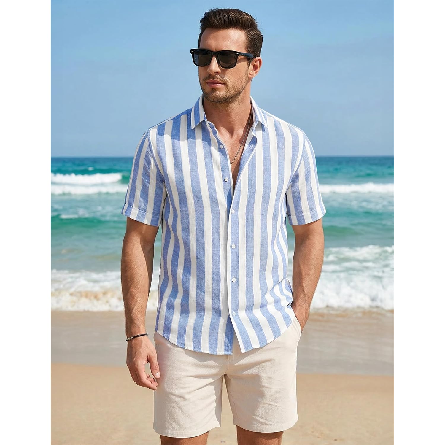 Jmierr Men'S Casual Stylish Short Sleeve Button-Up Striped Dress Shirt Cotton Beach Shirts