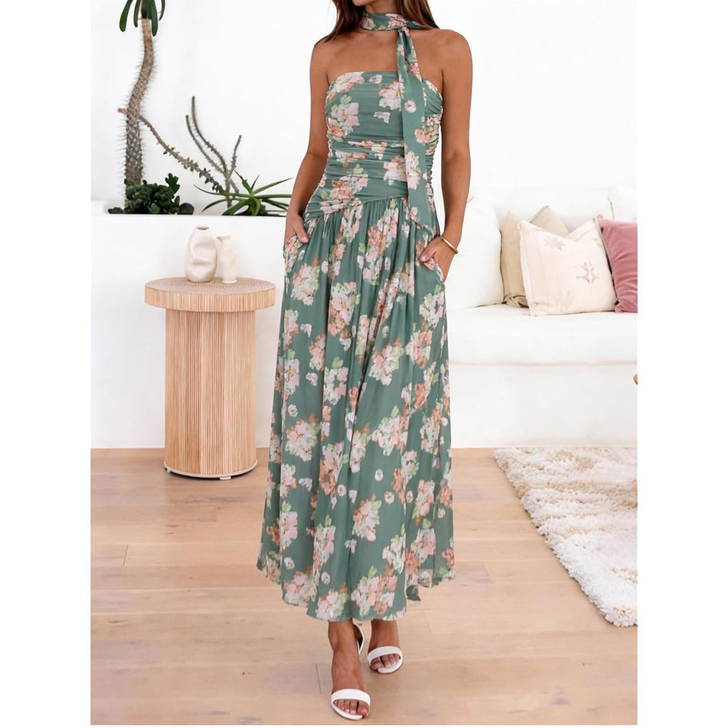 Summer Maxi Dresses For Women 2026 Strapless Ruched Tube Dress With Scarf Beach Vacation Spring Wedding Guest Dress Pockets