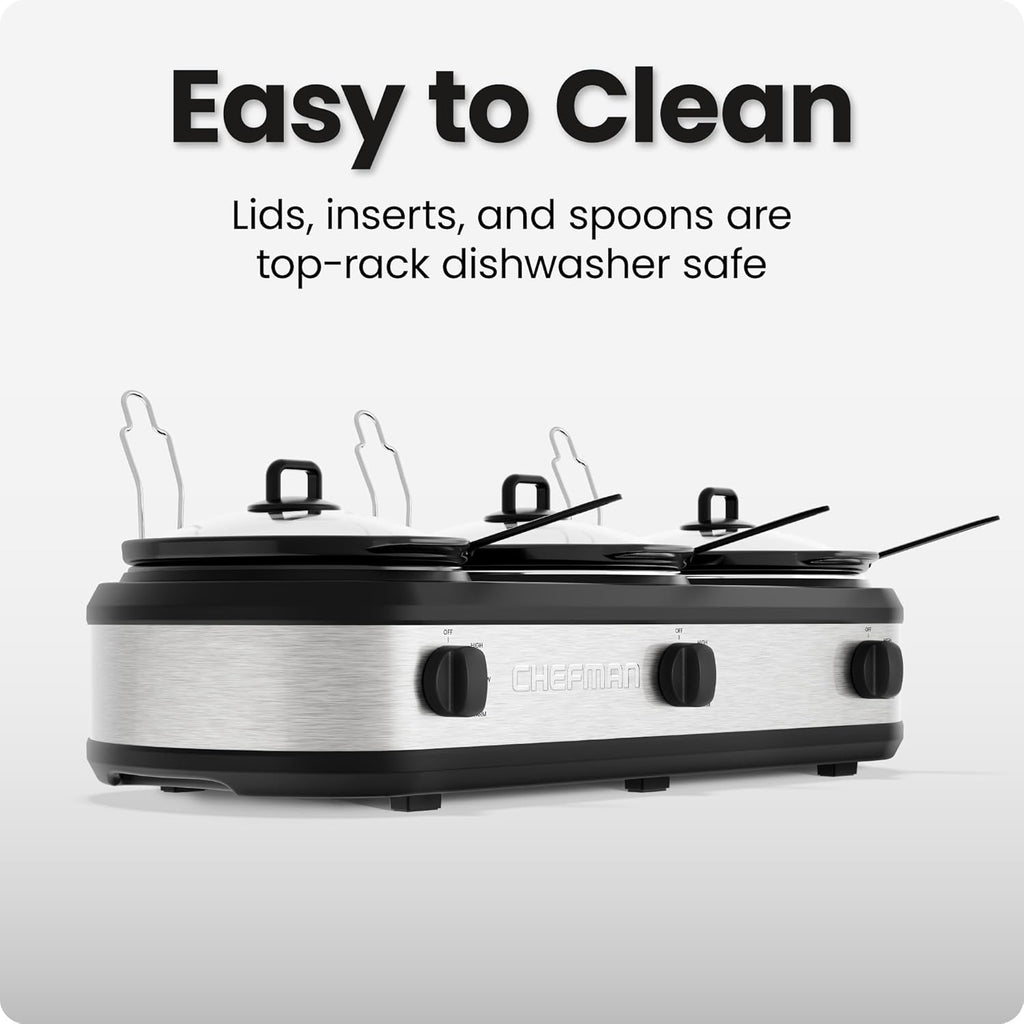 Chefman Triple Slow Cooker & Food Warmer, Three Crock Slowcooker with 2.5 Qt. Ceramic Crocks, 7.5-Quart Total Capacity, PFAS-Free, Three Temperature Settings, Dishwasher-Safe Parts – Stainless Steel