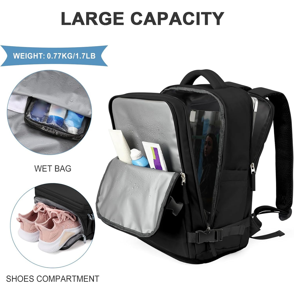 coowoz Travel Backpack For Women Men,Carry On Backpack,Hiking Backpack Waterproof Outdoor Sports Rucksack Casual Daypack Travel Essentials(Black) 25L