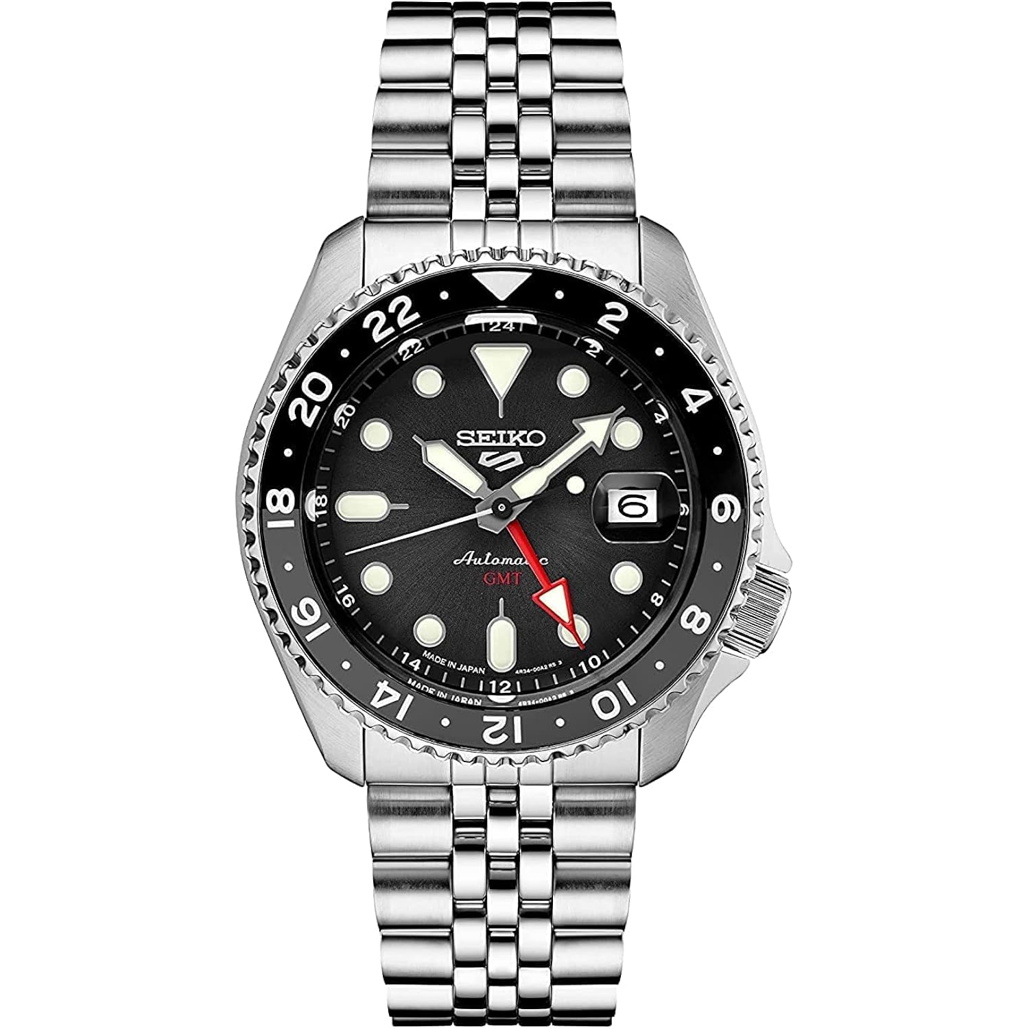 Seiko Ssk001 Automatic Watch For Men - 5 -Sports - Black Dial With Date Calendar And Luminous Hands & Markers And Black & Gray Gmt Bezel, 100M Water-Resistant