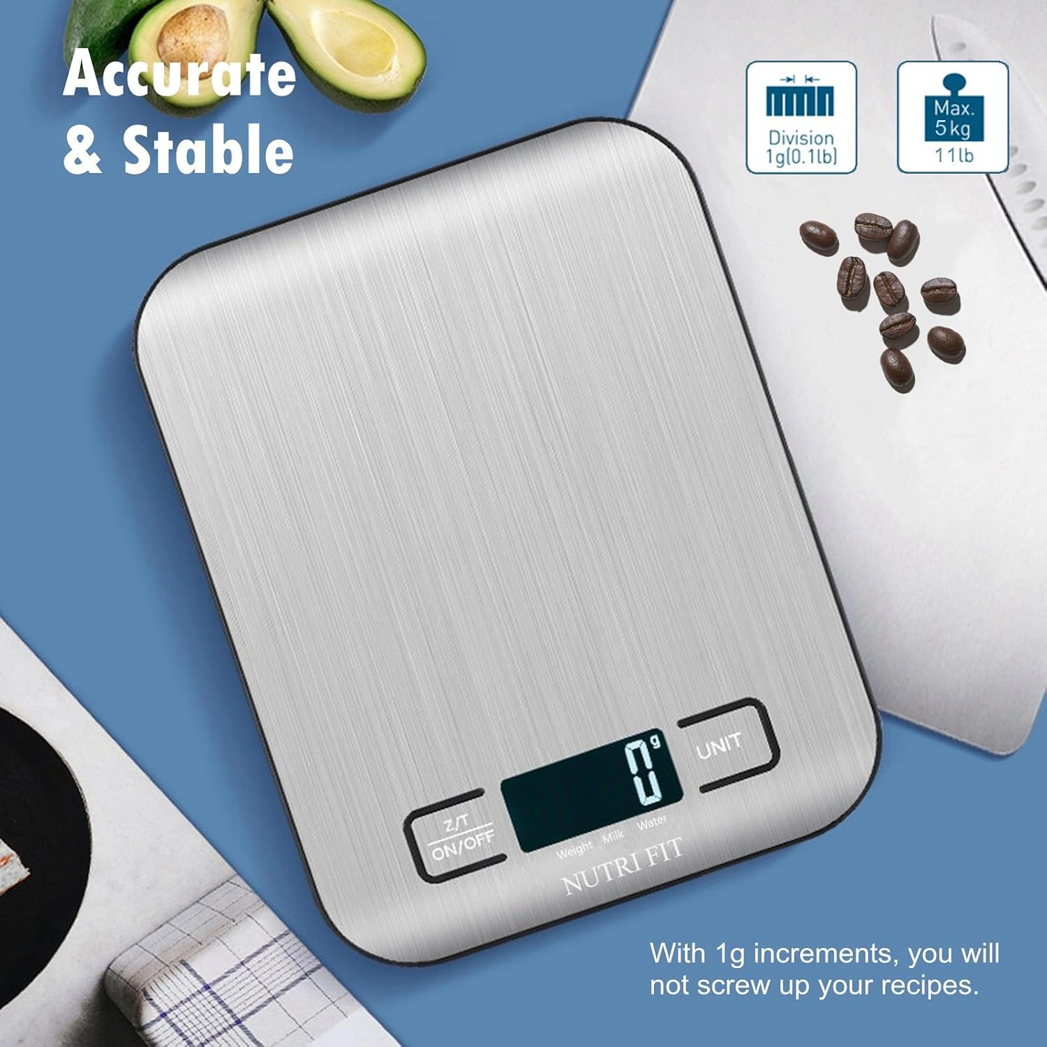 Food Scale, Kitchen Scales Digital Weight Food Grams And Ounces For Weight Loss Baking Cooking Of Nutri Fit, Max 11Lb 1G Increment, Backlight Lcd Smart Tare Stainless Steel, Easy To Use, Aaa Battery