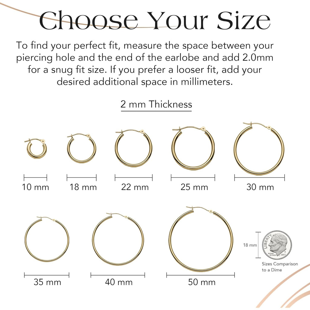 MAZZERI Solid Gold Hoop Earrings 14k Real Gold For Women and Men - Hypoallergenic, Made in the USA, Available in Yellow or White Gold