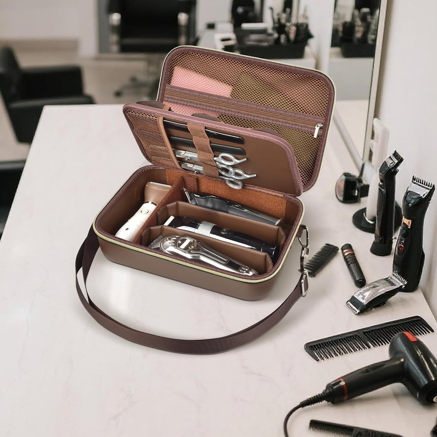 Barber Case For Hair Clippers Cutting Supplies, Trimmer Accessories Organizer For Wahl/For Ufree/For Andis Men Women Razor Grooming Kits, For Oneisal Dog Shaver- Travel Bag Only (Brown)