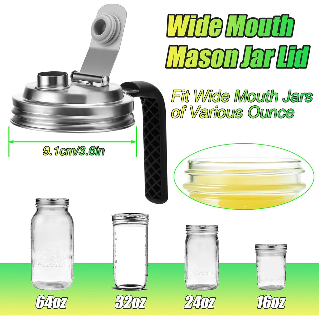 Mason Jar Pour Spout Lid Stainless Steel with Handle, Wide Mouth Pour Spout Flip Cap Lids for Mason Jars, Anticracking Leak Proof Seal Cover Airtight for Drinking Salad Dressing & Food Storing(2PCS)